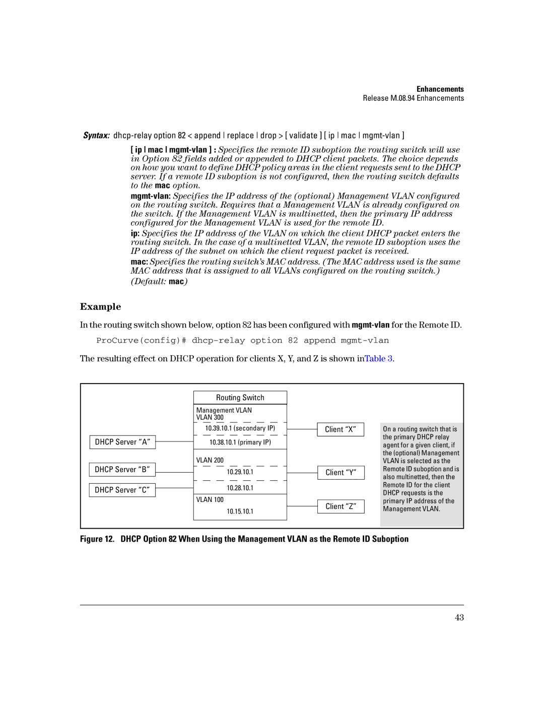 HP 3400CL-24G manual Example, ProCurveconfig# dhcp-relay option 82 append mgmt-vlan 