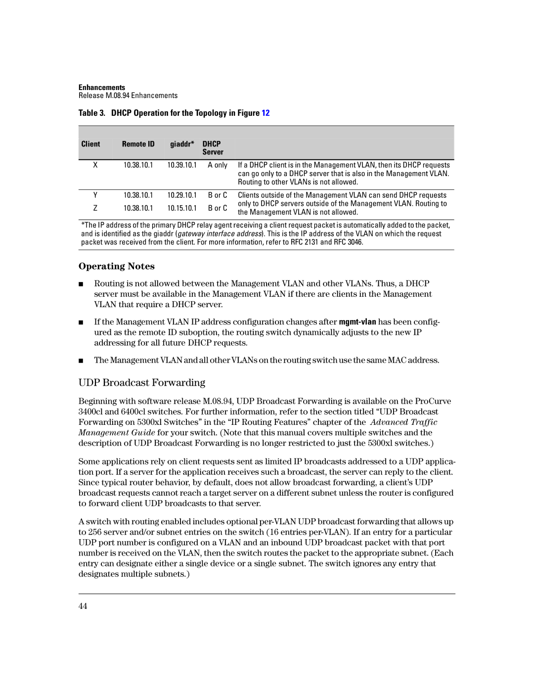 HP 3400CL-24G manual UDP Broadcast Forwarding, Dhcp Operation for the Topology in Figure 