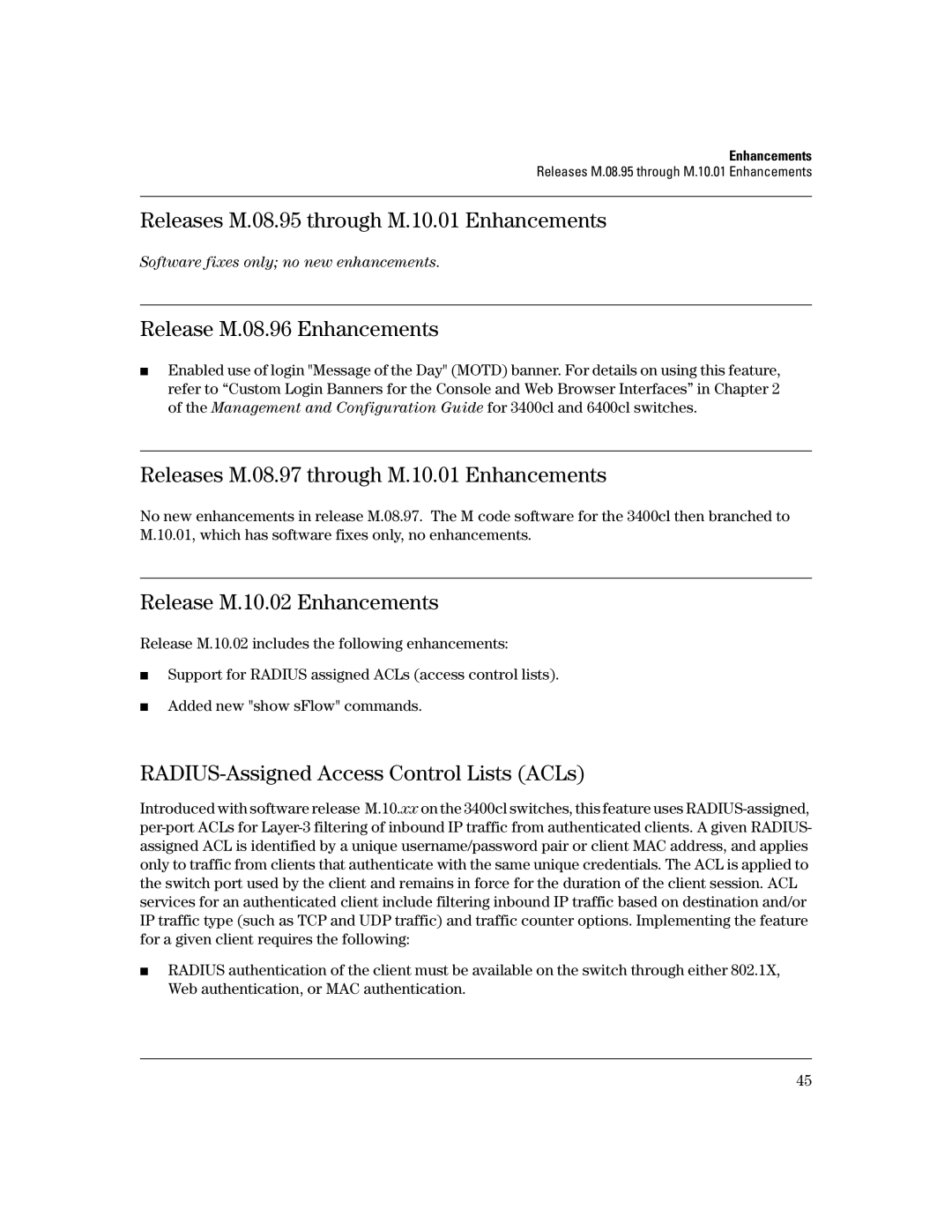 HP 3400CL-24G Releases M.08.95 through M.10.01 Enhancements, Release M.08.96 Enhancements, Release M.10.02 Enhancements 