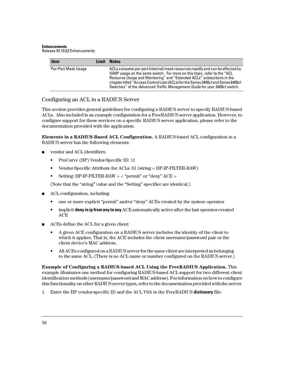 HP 3400CL-24G manual Configuring an ACL in a Radius Server, Limit Notes 