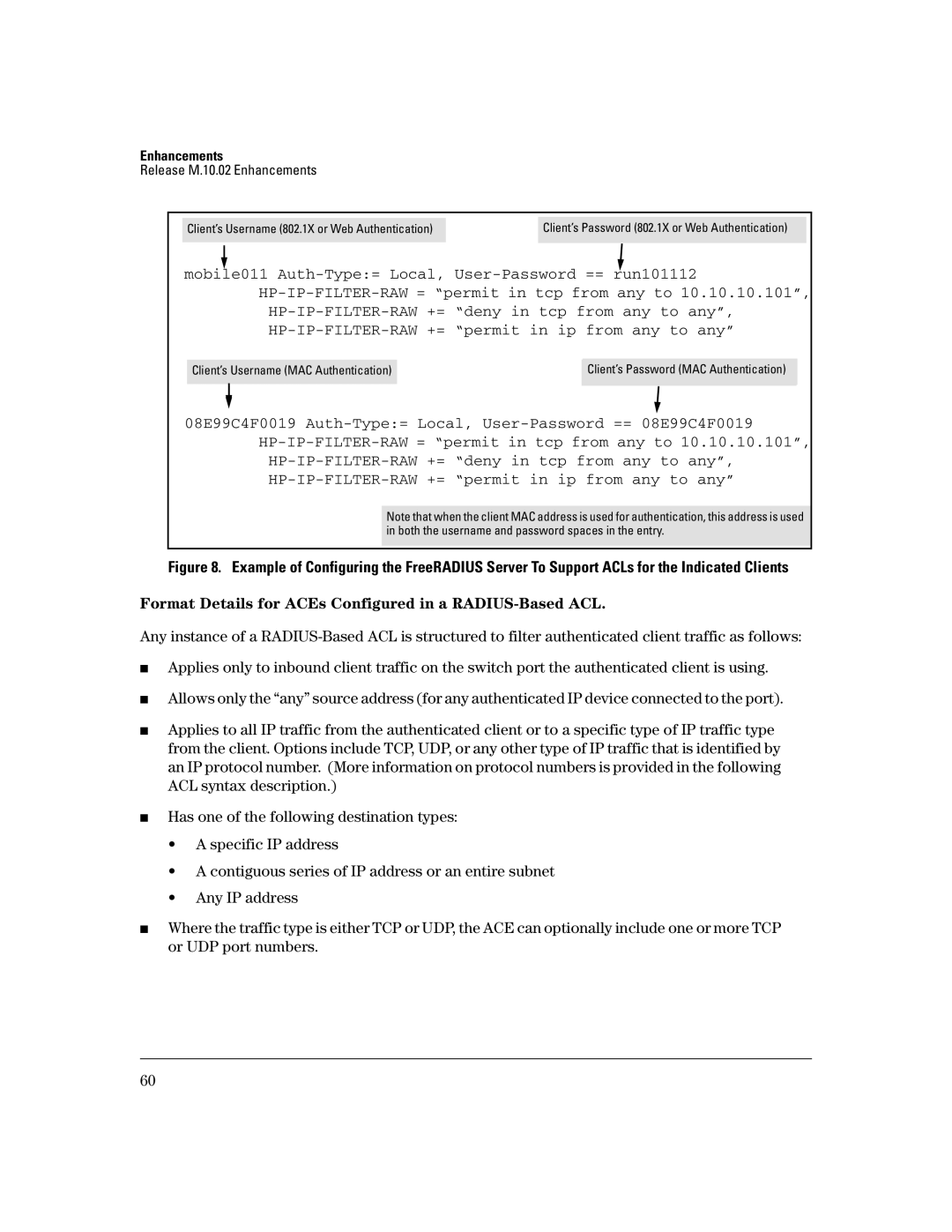 HP 3400CL-24G manual Format Details for ACEs Configured in a RADIUS-Based ACL 