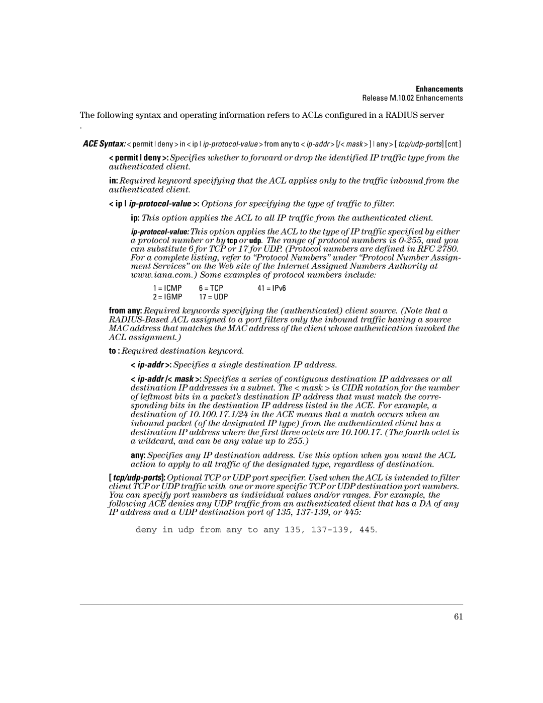 HP 3400CL-24G manual Deny in udp from any to any 135, 137-139 