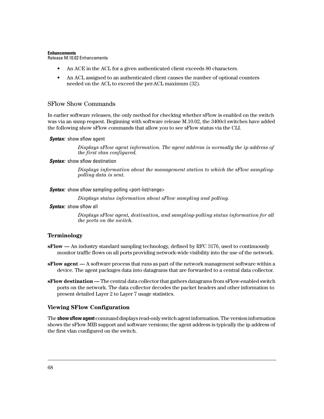 HP 3400CL-24G manual SFlow Show Commands, Viewing SFlow Configuration 