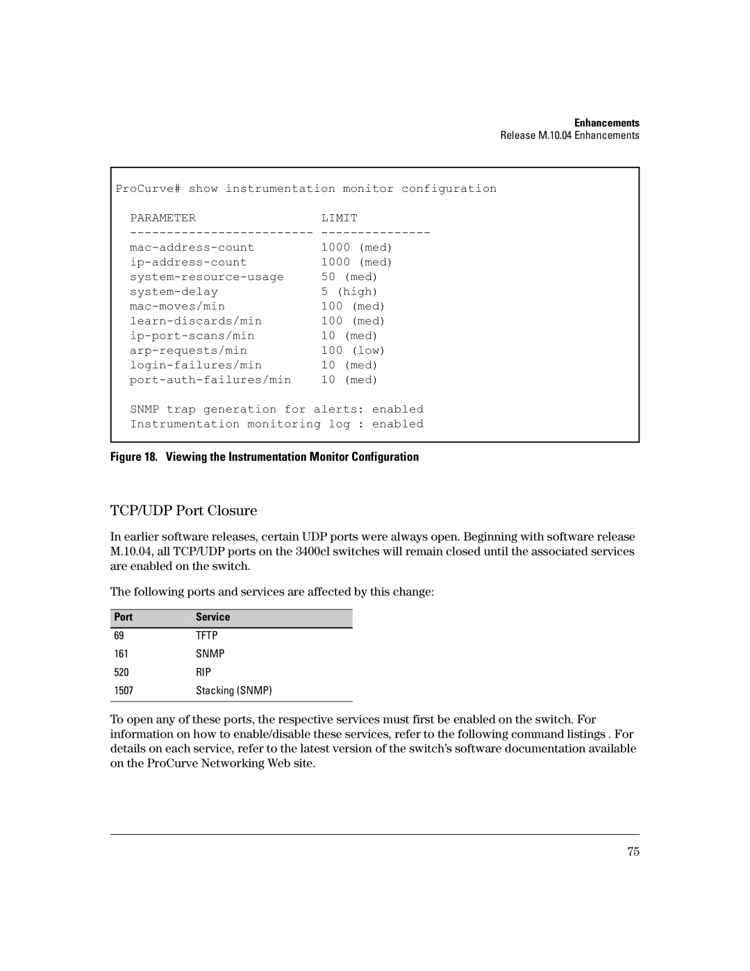 HP 3400CL-24G manual TCP/UDP Port Closure, ProCurve# show instrumentation Monitor configuration 