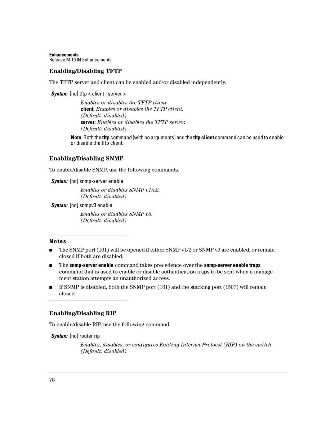 HP 3400CL-24G manual Enabling/Disabling Tftp, Enabling/Disabling Snmp, Enabling/Disabling RIP 