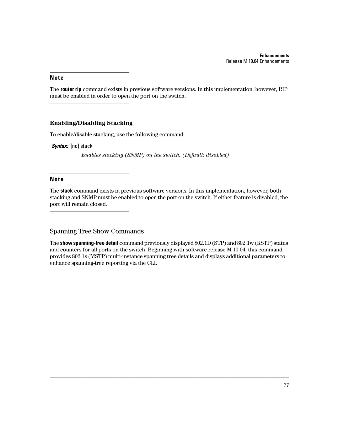 HP 3400CL-24G manual Spanning Tree Show Commands, Enabling/Disabling Stacking 