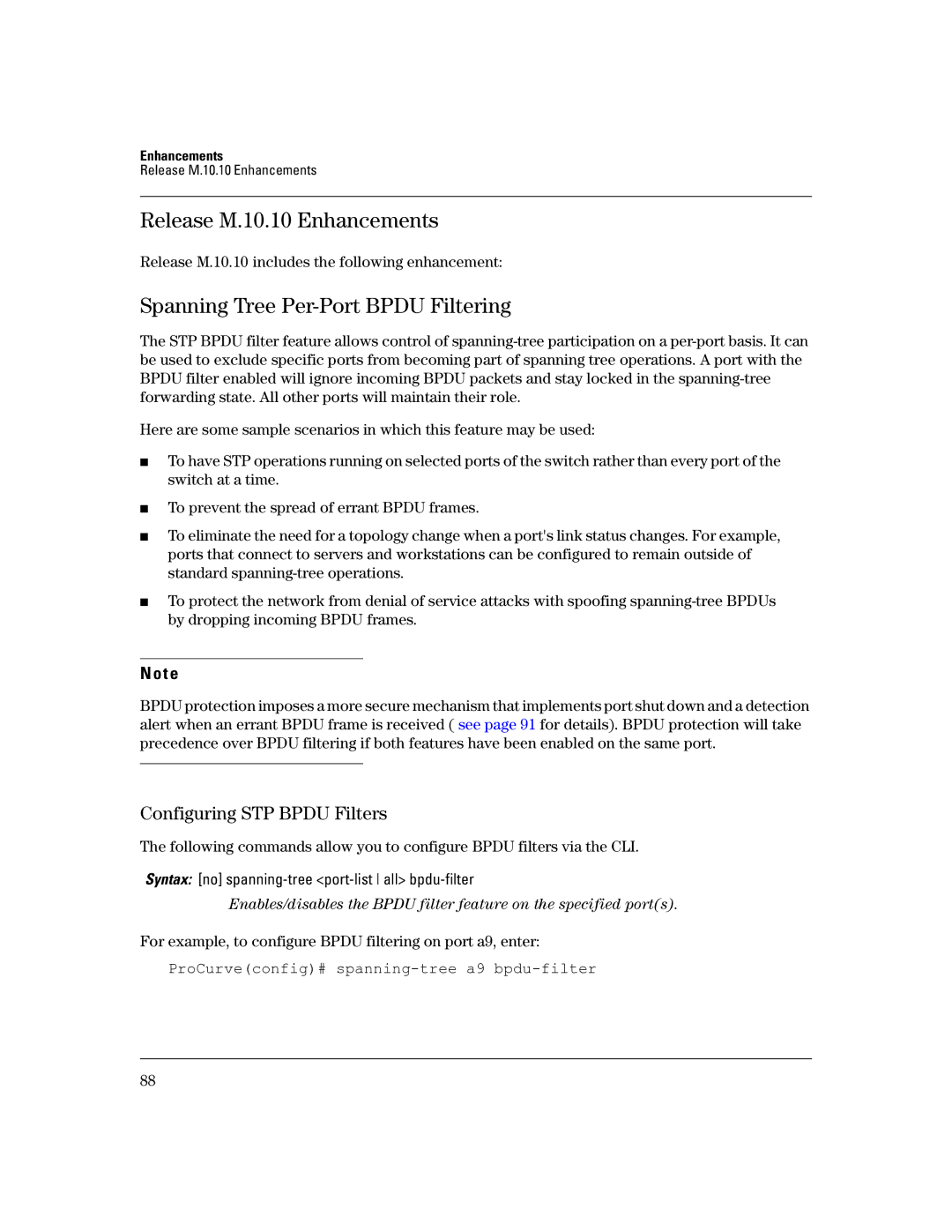 HP 3400CL-24G manual Release M.10.10 Enhancements, Spanning Tree Per-Port Bpdu Filtering, Configuring STP Bpdu Filters 