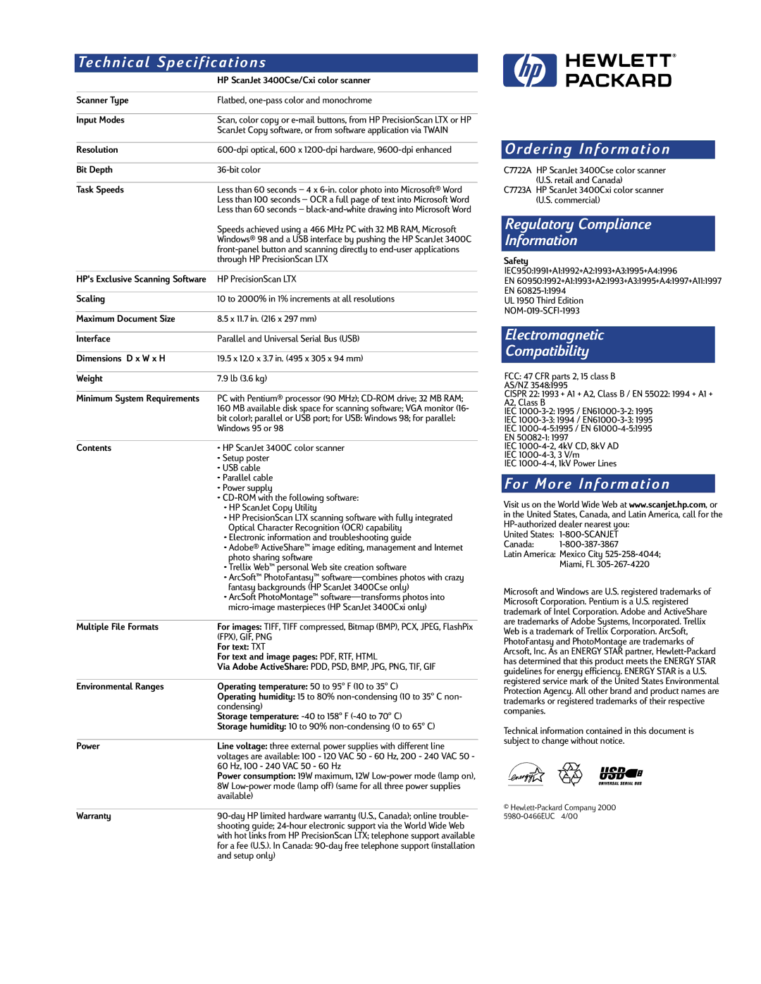 HP 3400Cse manual Technical Specifications, Ordering Information, Regulatory Compliance Information, For More Information 