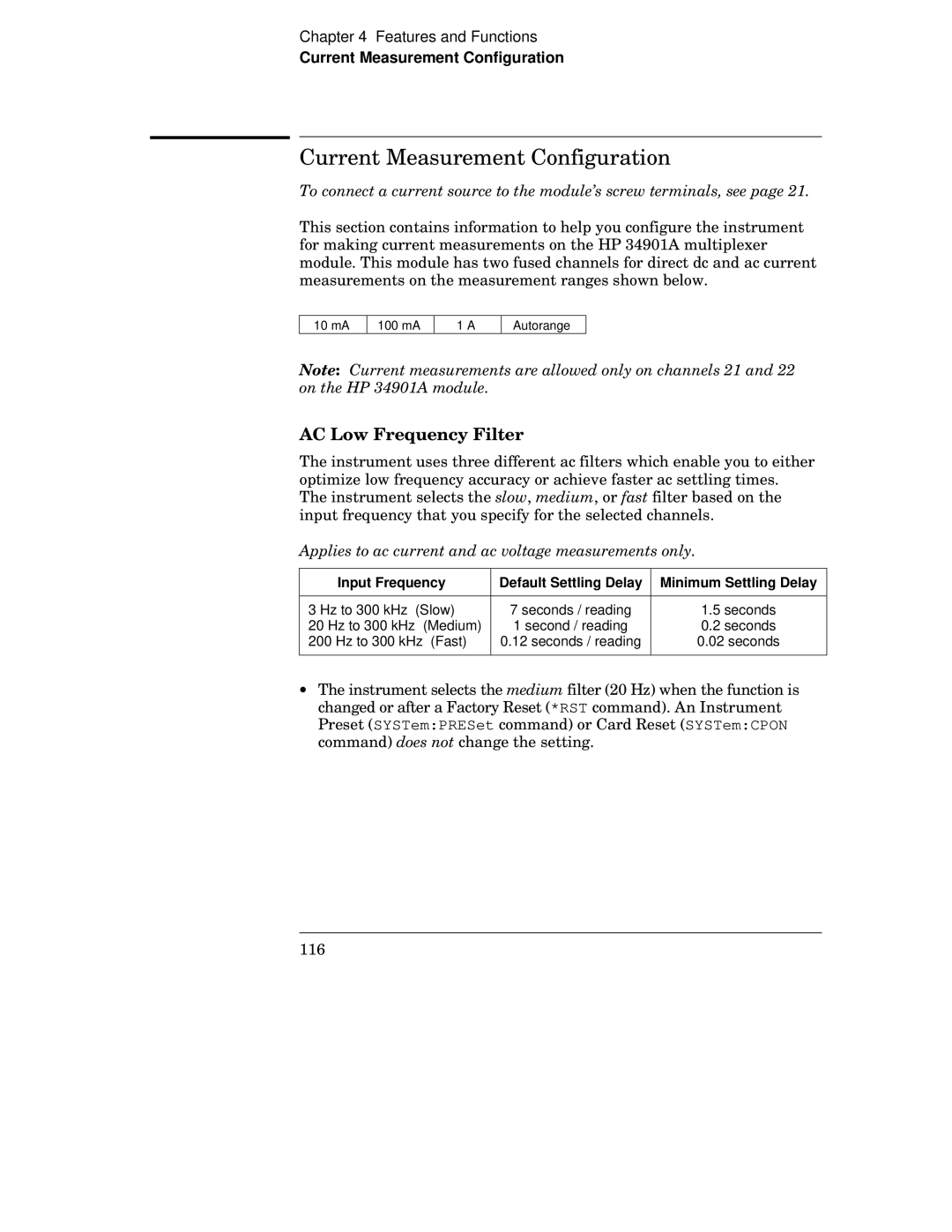 HP 34970A manual Current Measurement Configuration, Applies to ac current and ac voltage measurements only 