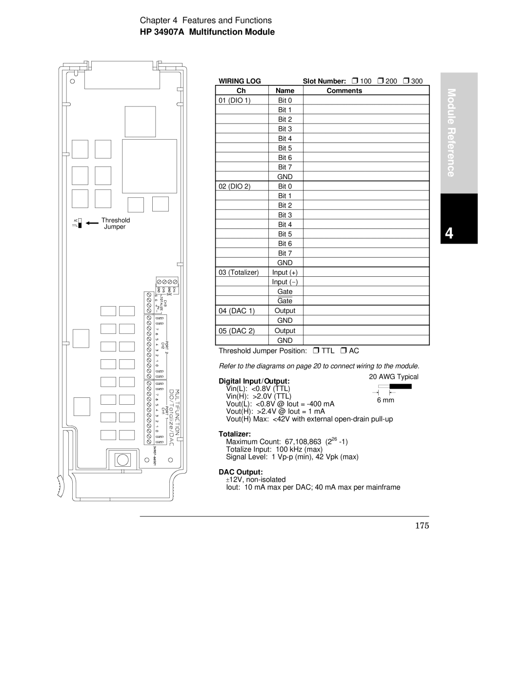 HP 34970A manual Slot Number 100 200, Digital Input / Output, Totalizer, DAC Output 