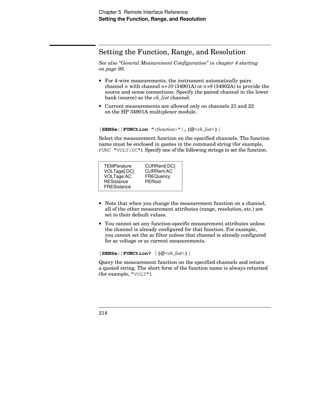 HP 34970A manual Setting the Function, Range, and Resolution, See also General Measurement Configuration in starting on 