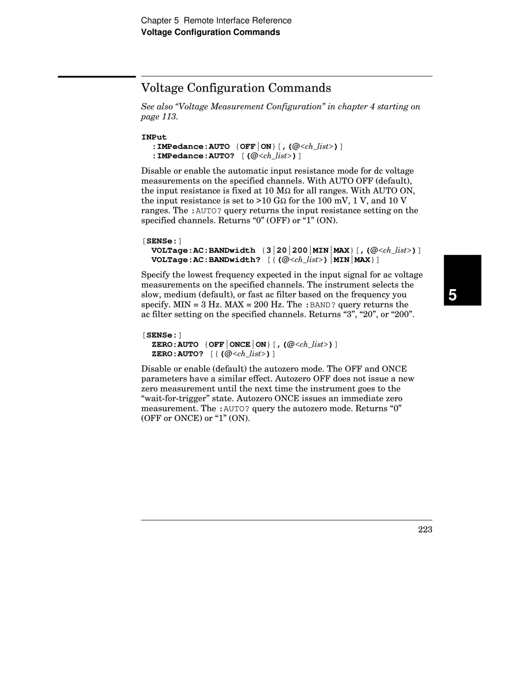 HP 34970A manual Voltage Configuration Commands, See also Voltage Measurement Configuration in starting on 