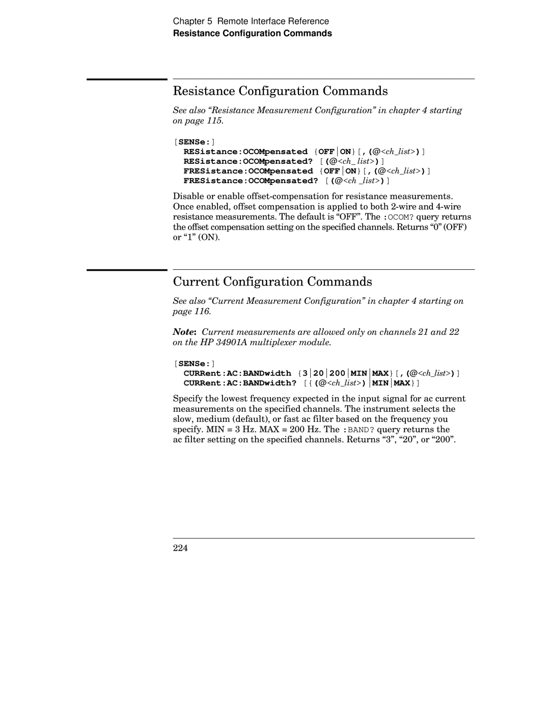 HP 34970A manual Resistance Configuration Commands, Current Configuration Commands 