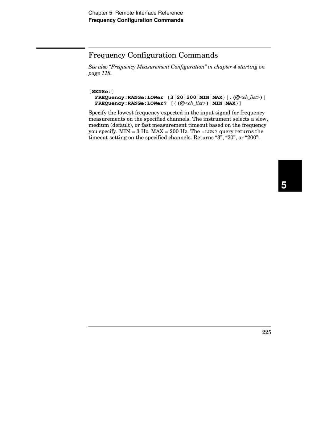 HP 34970A manual Frequency Configuration Commands, See also Frequency Measurement Configuration in starting on 