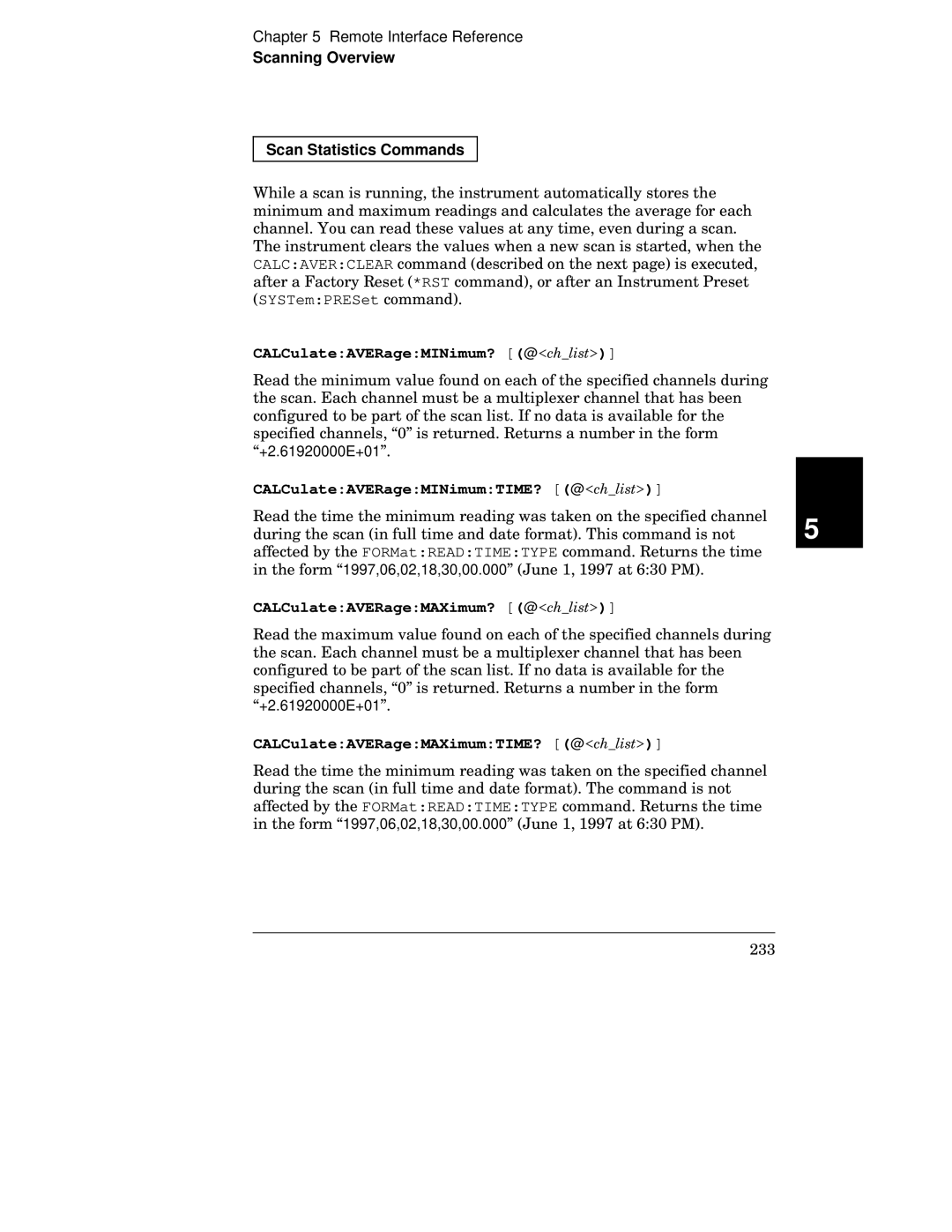 HP 34970A manual Scanning Overview Scan Statistics Commands, CALCulateAVERageMINimum? @x, CALCulateAVERageMINimumTIME? @x 