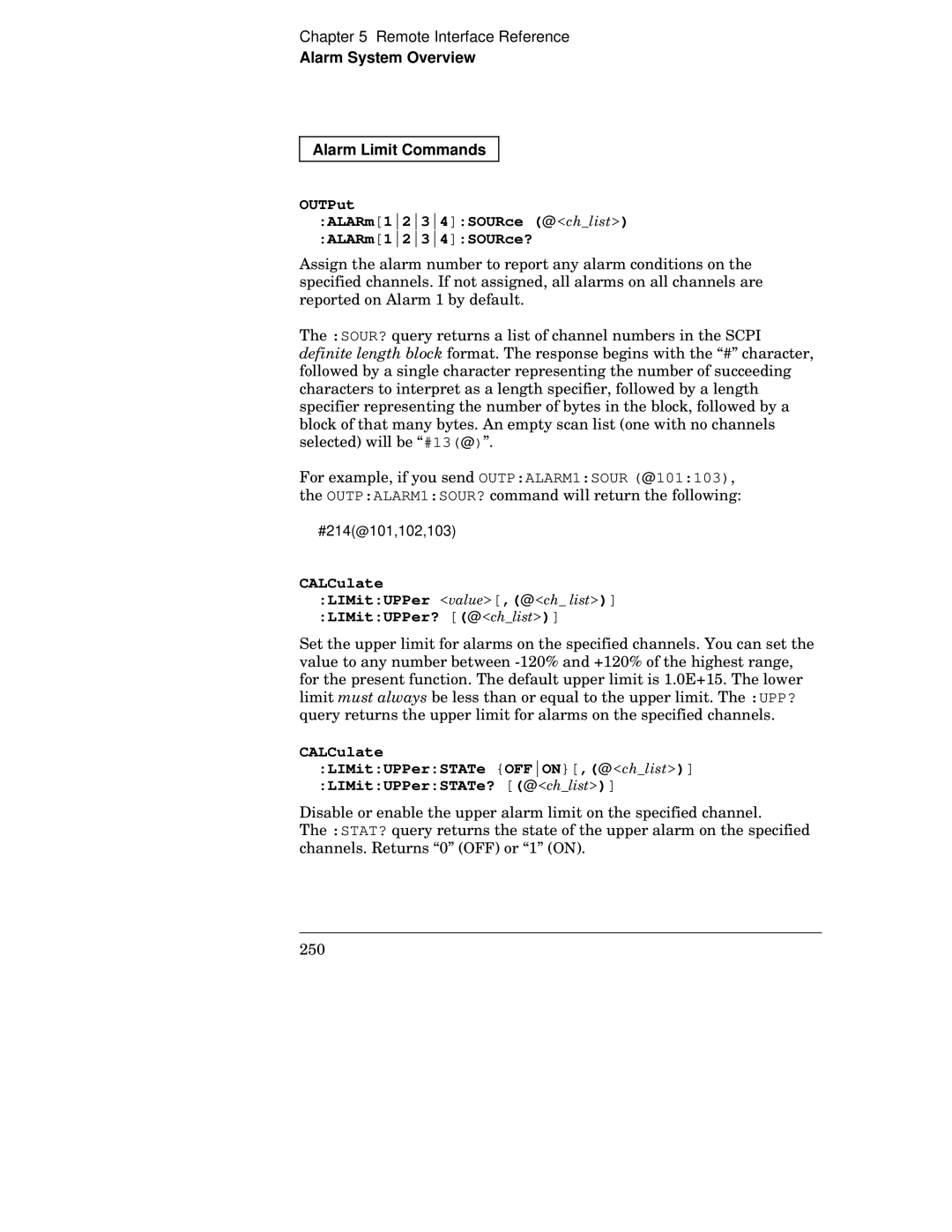 HP 34970A manual Alarm System Overview Alarm Limit Commands, OUTPut ALARm1234SOURce @xt ALARm1234SOURce? 