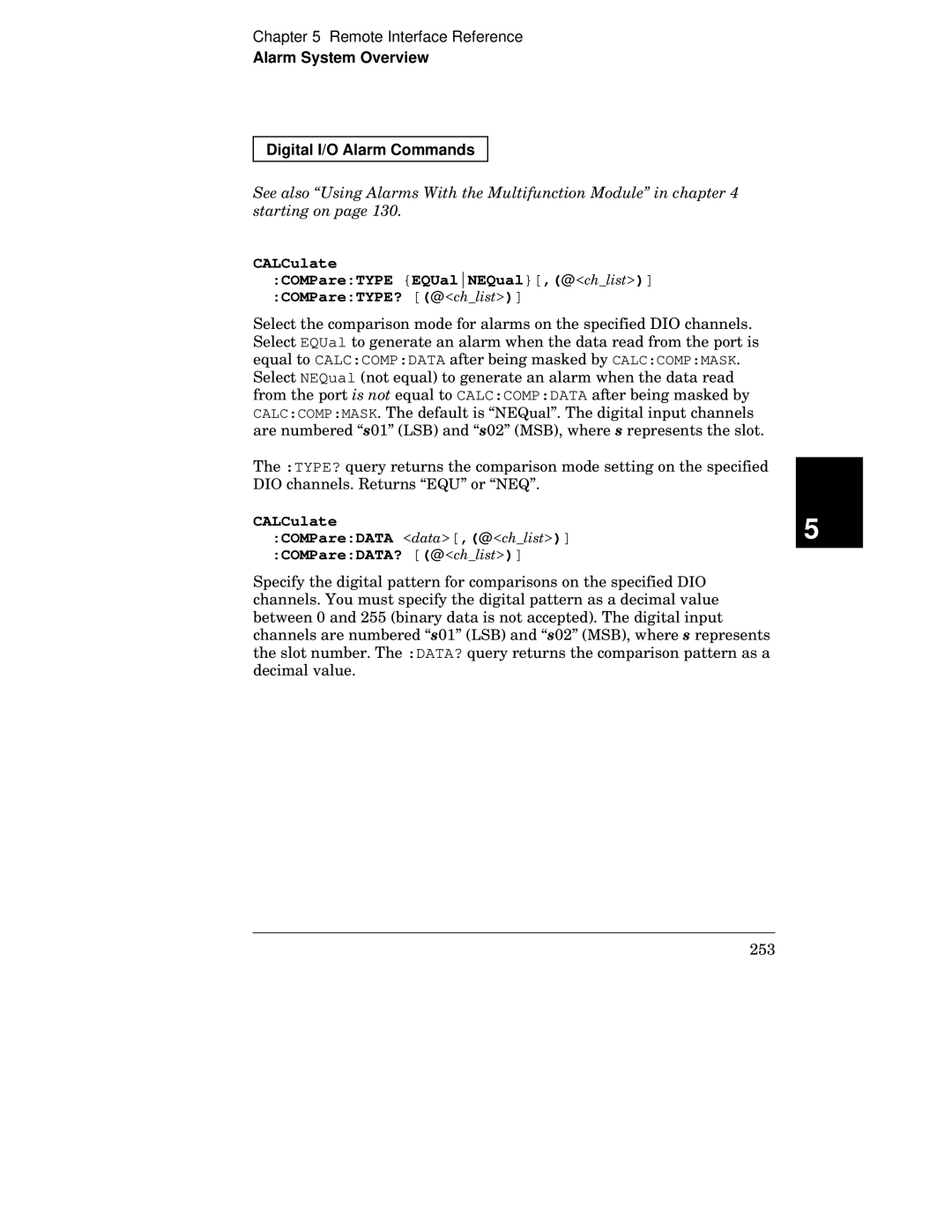 HP 34970A manual Alarm System Overview Digital I/O Alarm Commands, CALCulate COMPareTYPE EQUalNEQual,@x COMPareTYPE? @x 