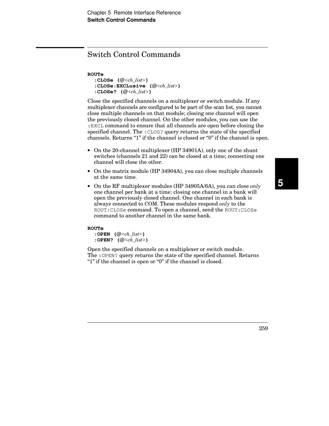 HP 34970A manual Switch Control Commands, ROUTe CLOSe @x CLOSeEXCLusive @x CLOSe? @x, ROUTe Open @x OPEN? @x 