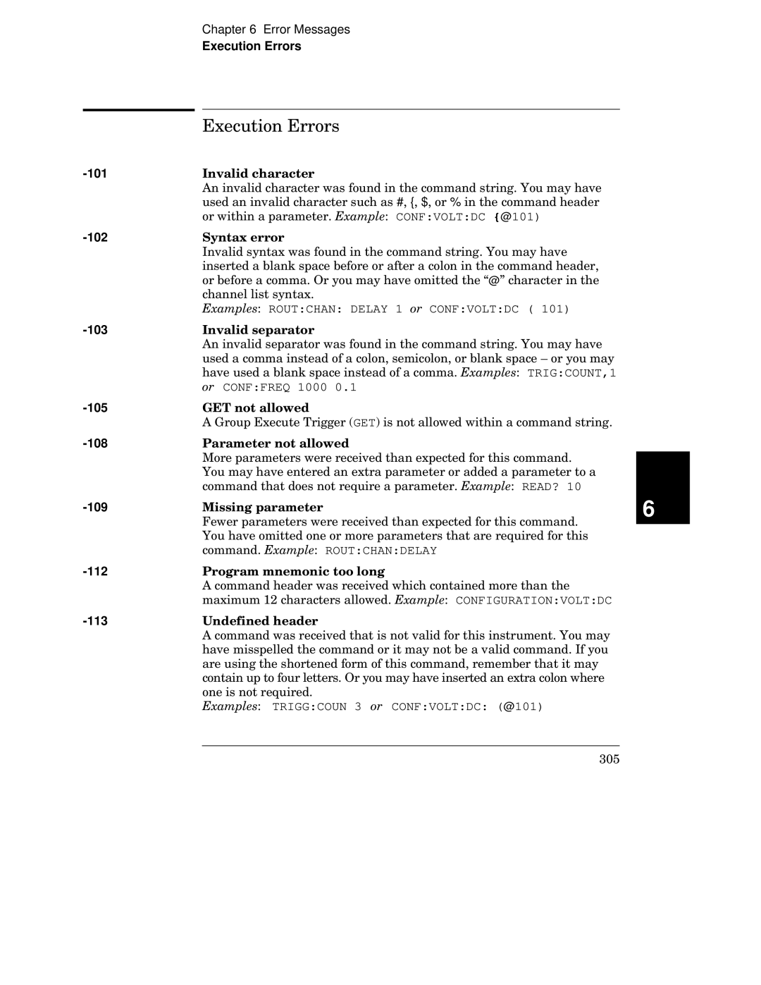 HP 34970A manual Execution Errors 101, 102, 103, 105, 108, 109, 112, 113 