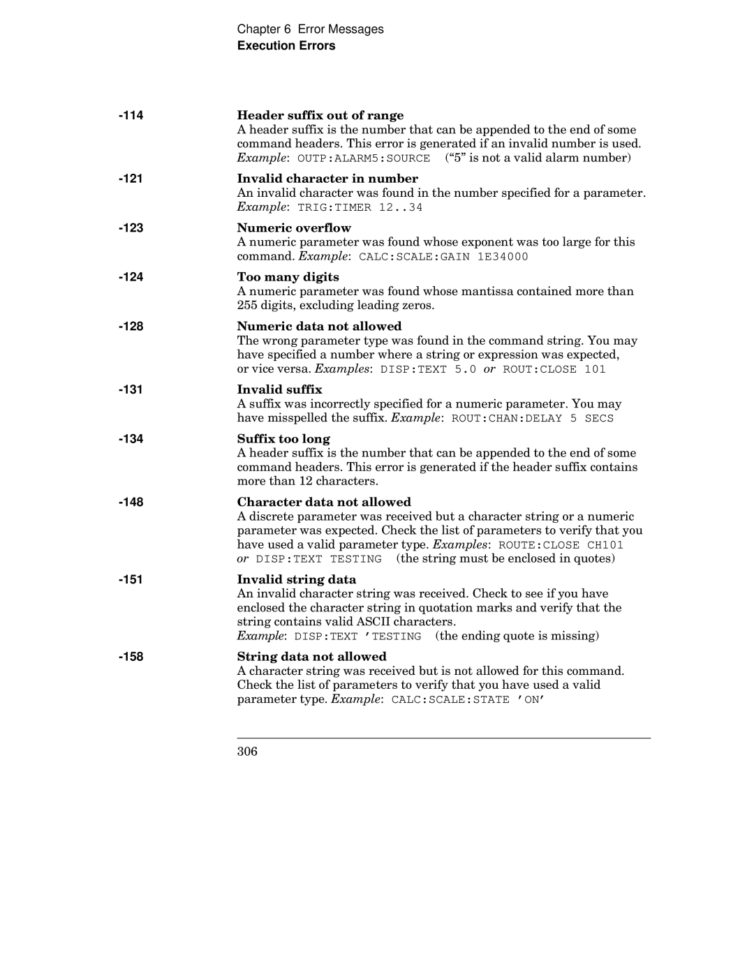 HP 34970A manual Execution Errors 114j, 121, 123, 124, 128, 131, 134, 148, 151, 158 