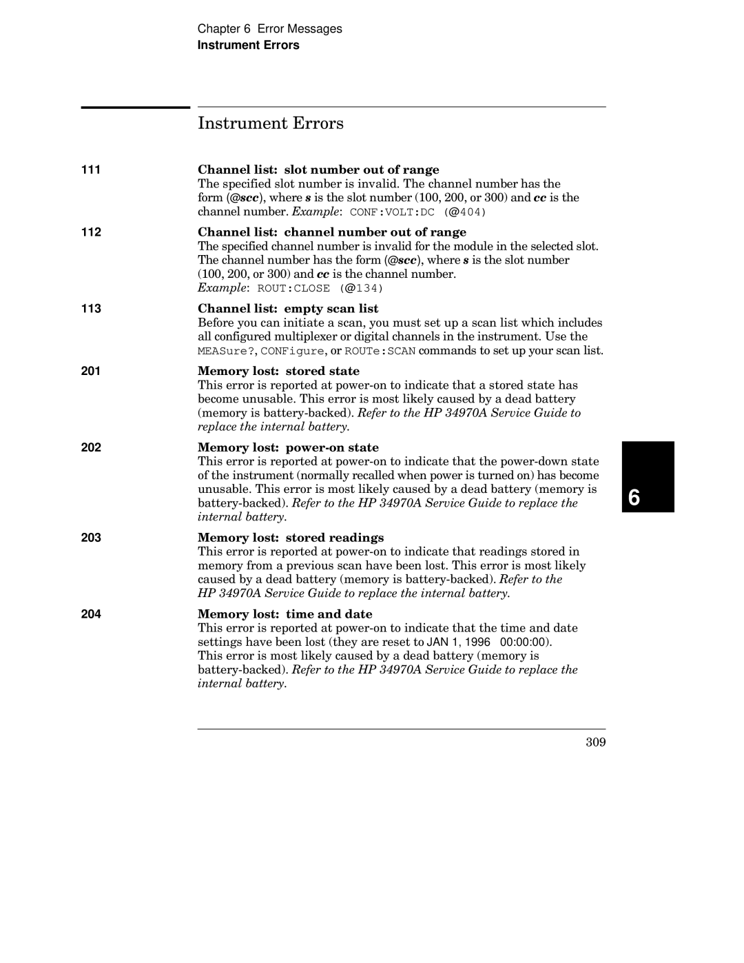 HP 34970A manual Instrument Errors 111, 201, 202, 203, 204 