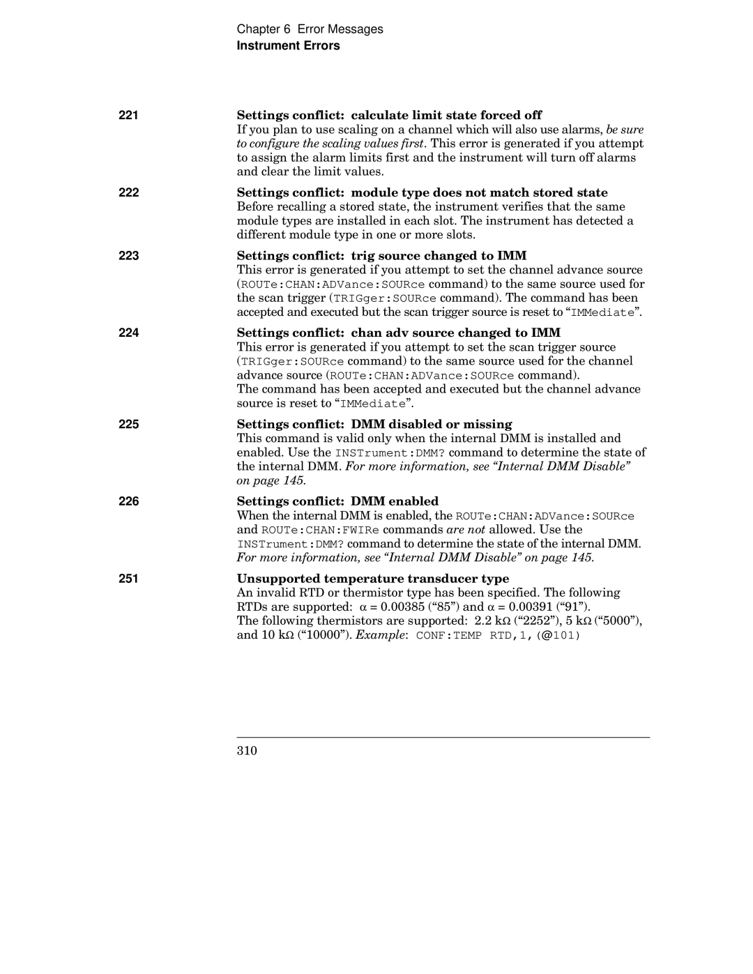 HP 34970A manual Instrument Errors 221, 225, 226, 251 