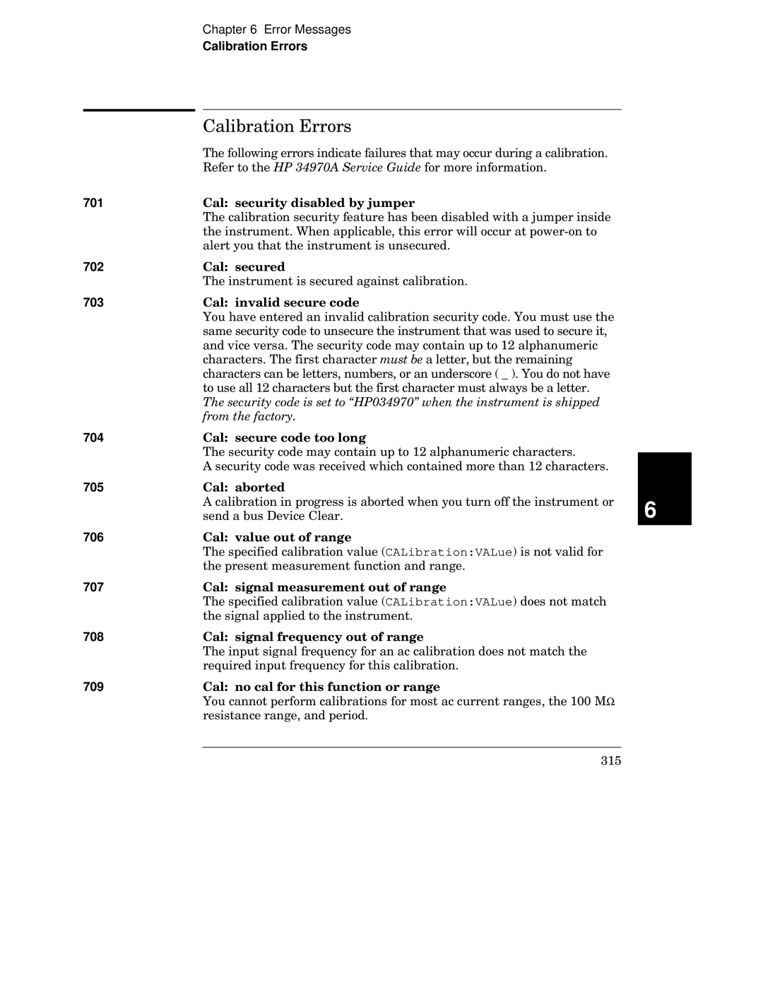 HP 34970A manual Calibration Errors, 701, 702 703, 704, 705, 706, 707, 708, 709 