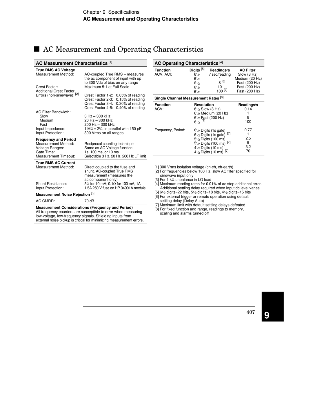 HP 34970A manual Gi u, AC Measurement and Operating Characteristics 