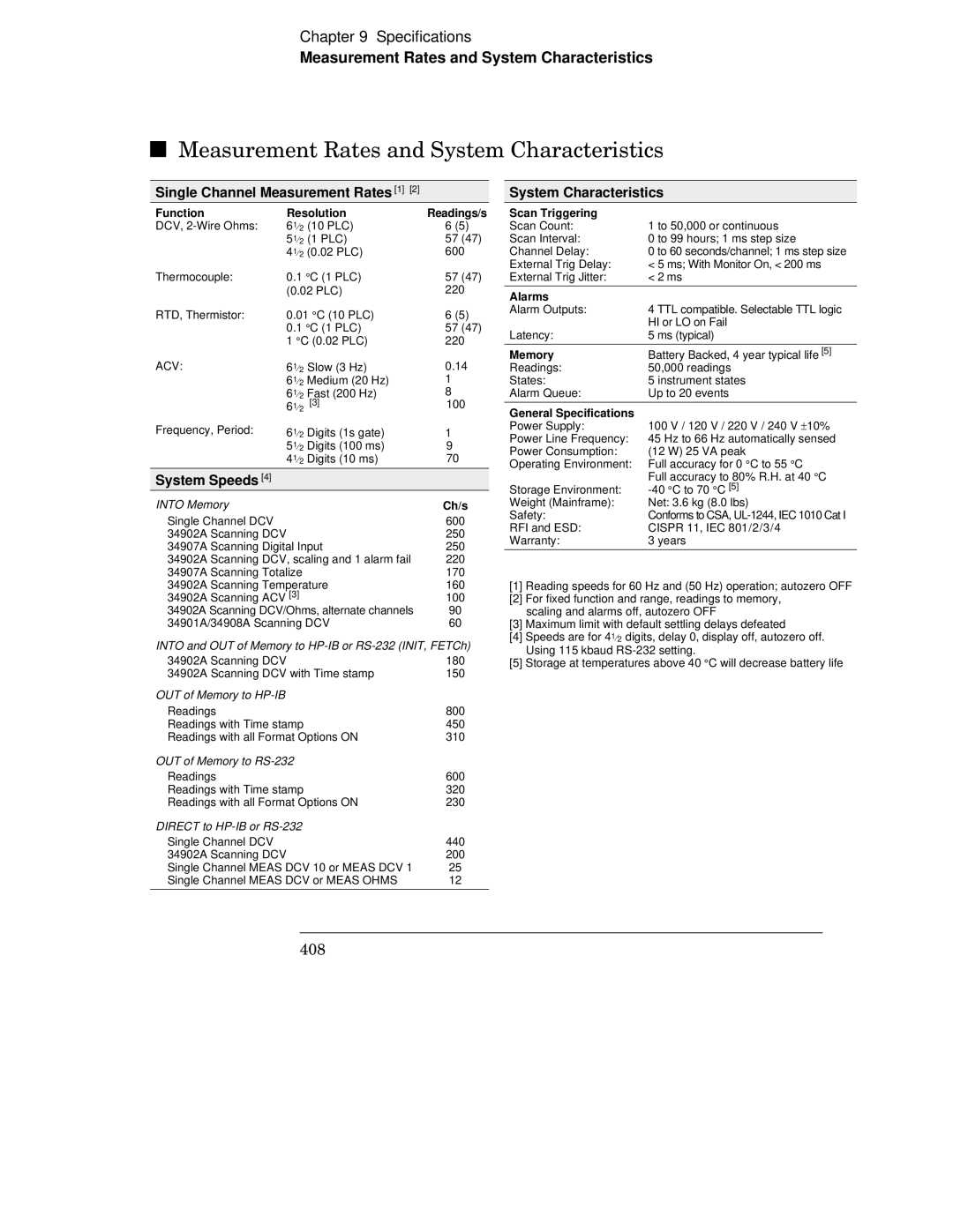 HP 34970A manual Measurement Rates and System Characteristics, Single Channel Measurement Rates 1 System Characteristics 