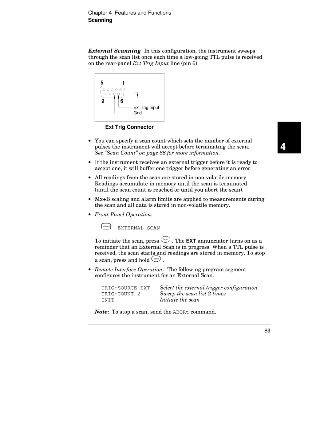 HP 34970A Ext Trig Connector, See Scan Count on page 86 for more information, Select the external trigger configuration 