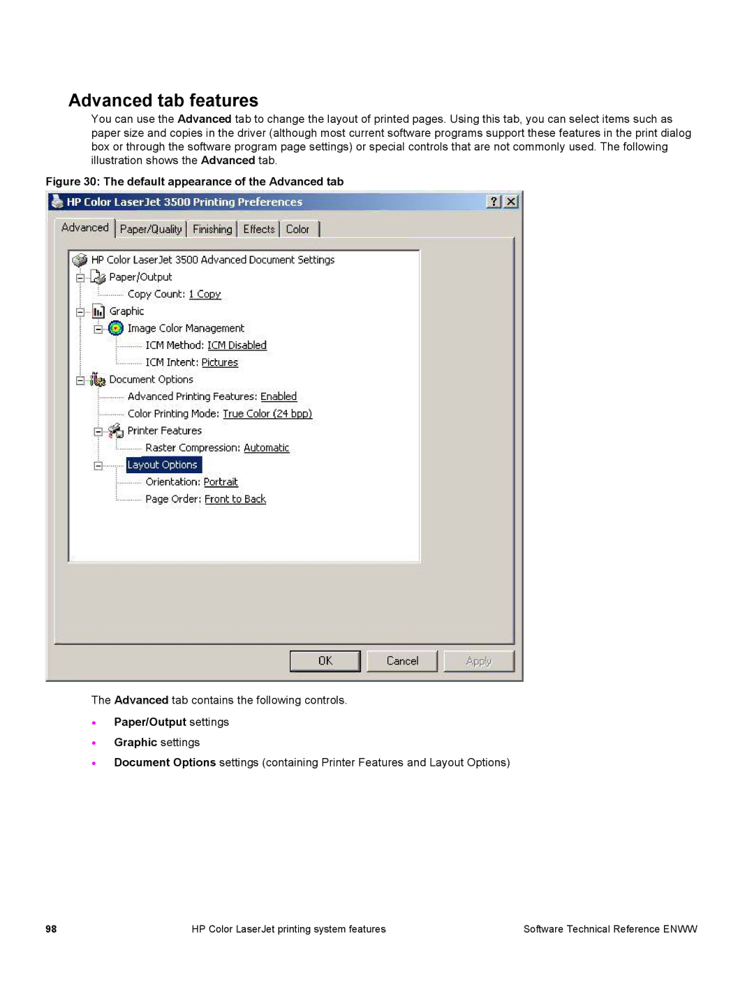 HP 3500 3500 manual Advanced tab features, Paper/Output settings Graphic settings 