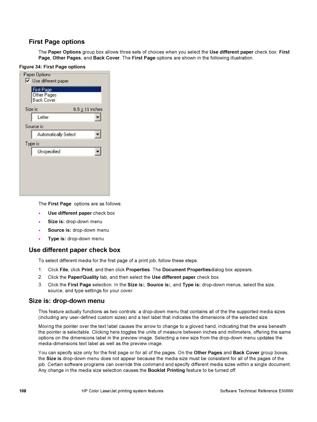 HP 3500 3500 manual First Page options, Use different paper check box, Size is drop-down menu 