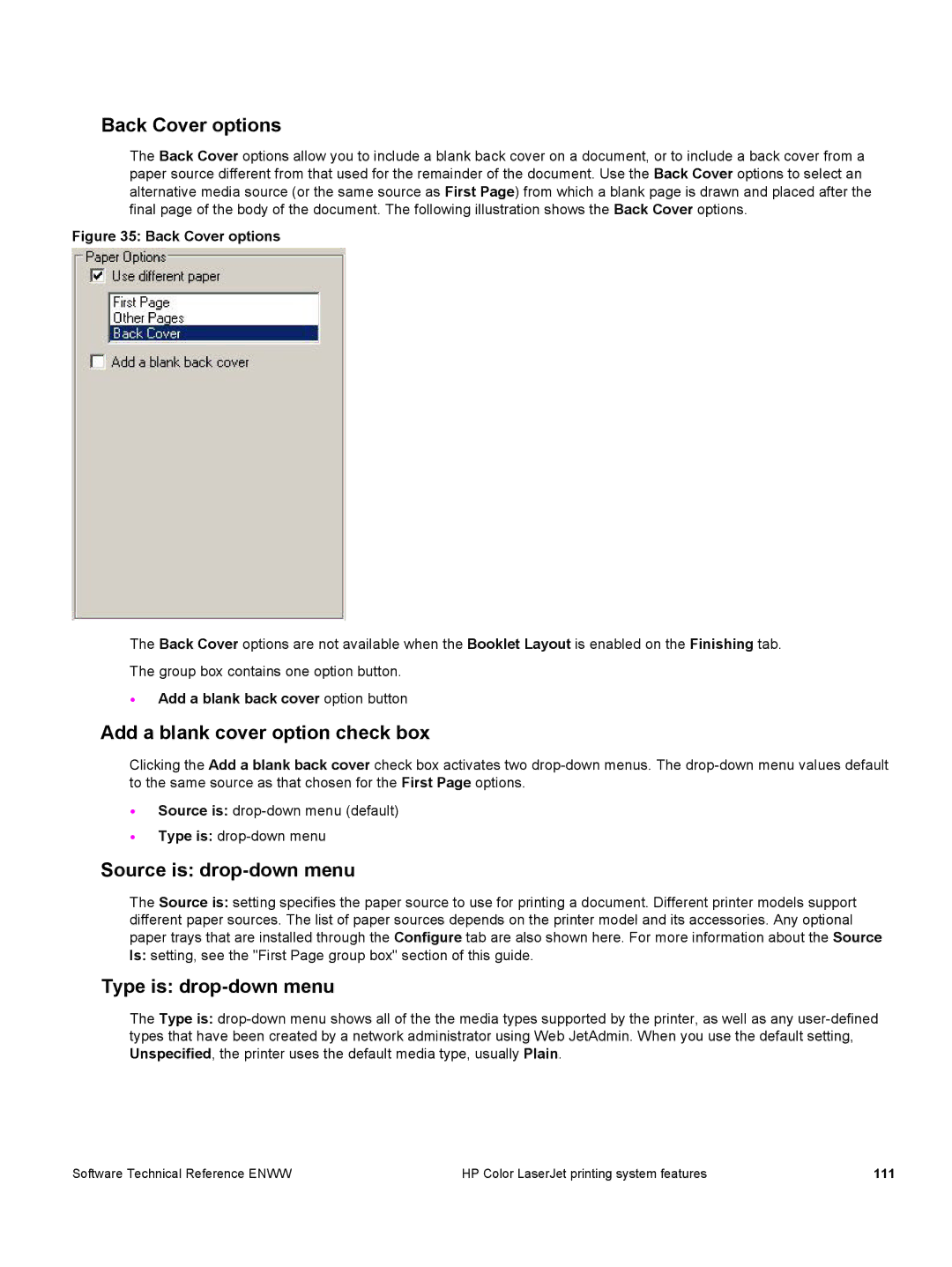 HP 3500 3500 manual Back Cover options, Add a blank cover option check box, Add a blank back cover option button 