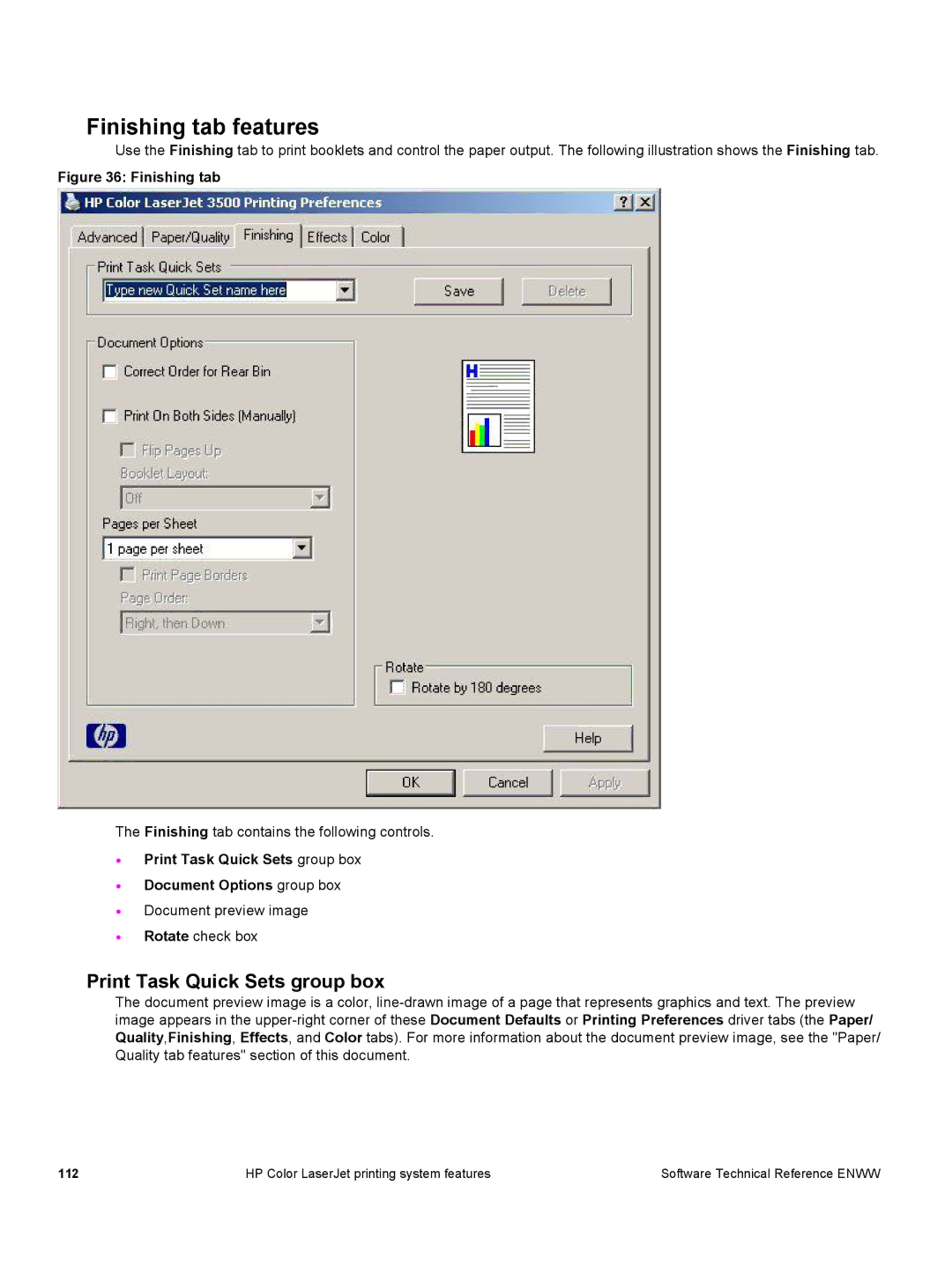 HP 3500 3500 manual Print Task Quick Sets group box, Finishing tab 