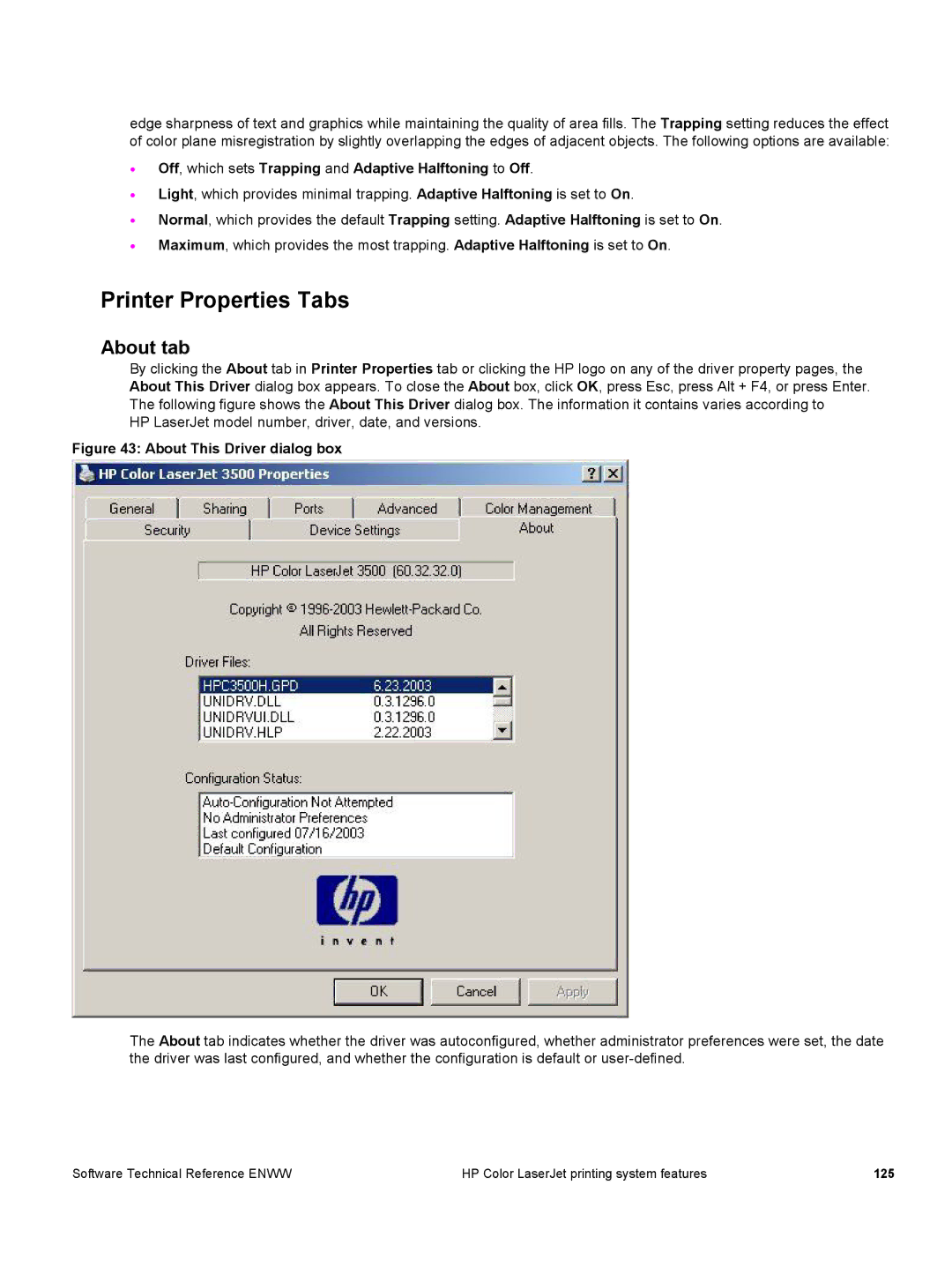 HP 3500 3500 manual Printer Properties Tabs, About tab, Off, which sets Trapping and Adaptive Halftoning to Off 