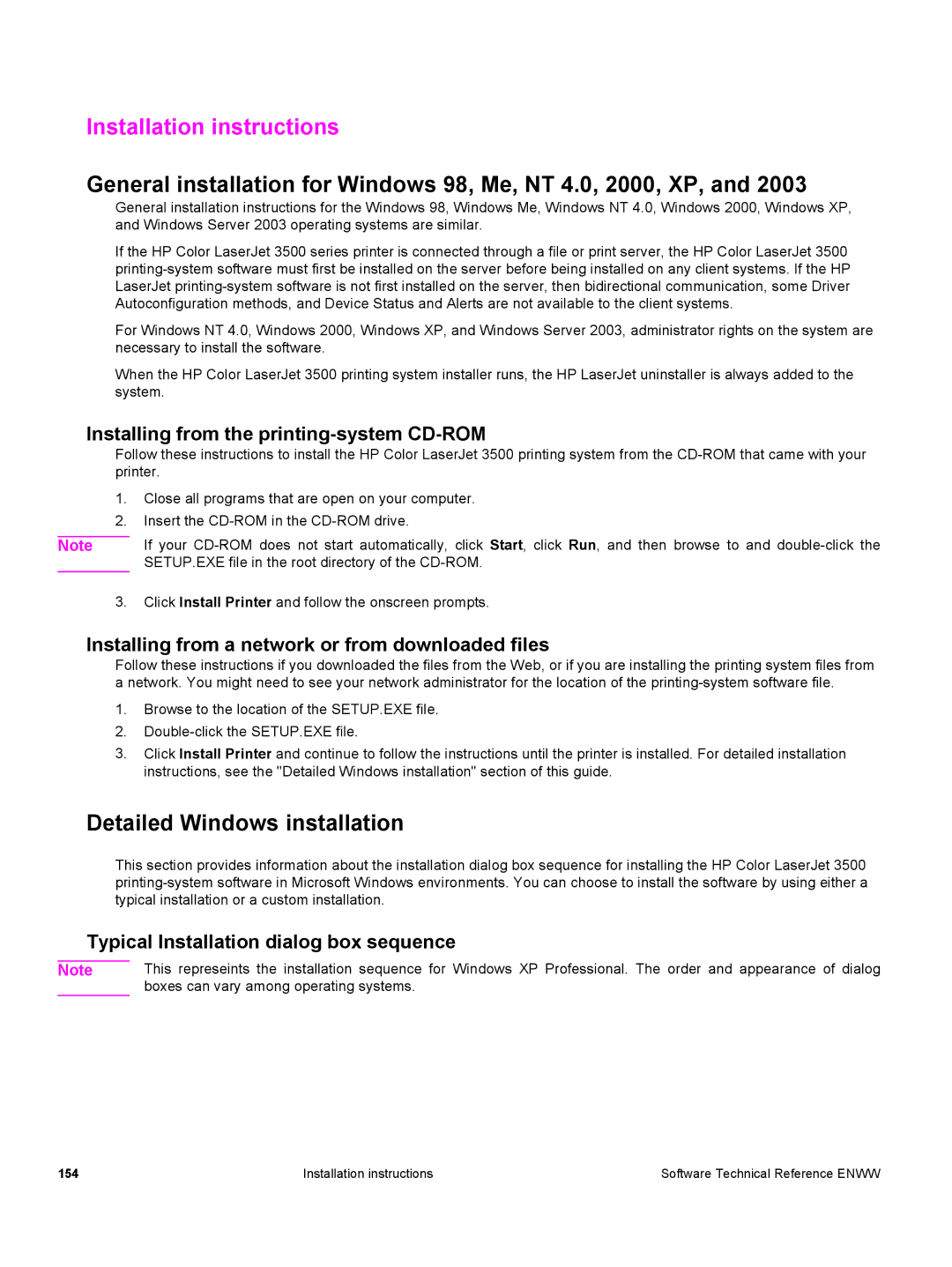 HP 3500 3500 manual Installation instructions, General installation for Windows 98, Me, NT 4.0, 2000, XP 