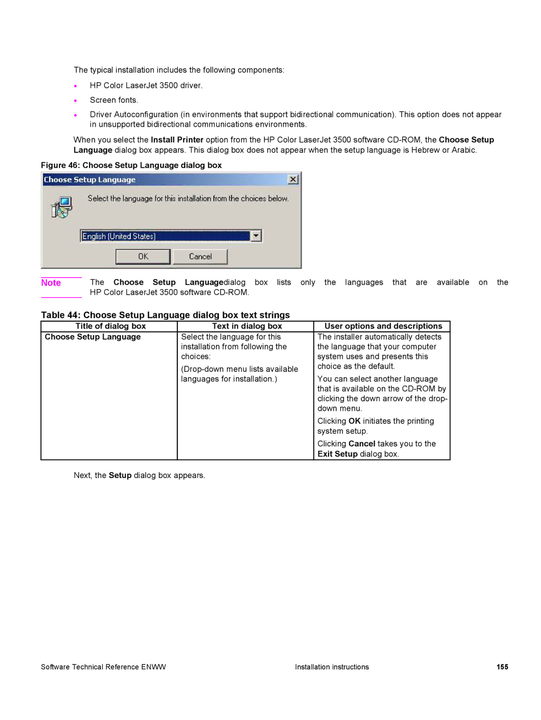 HP 3500 3500 manual Choose Setup Language dialog box text strings, User options and descriptions 