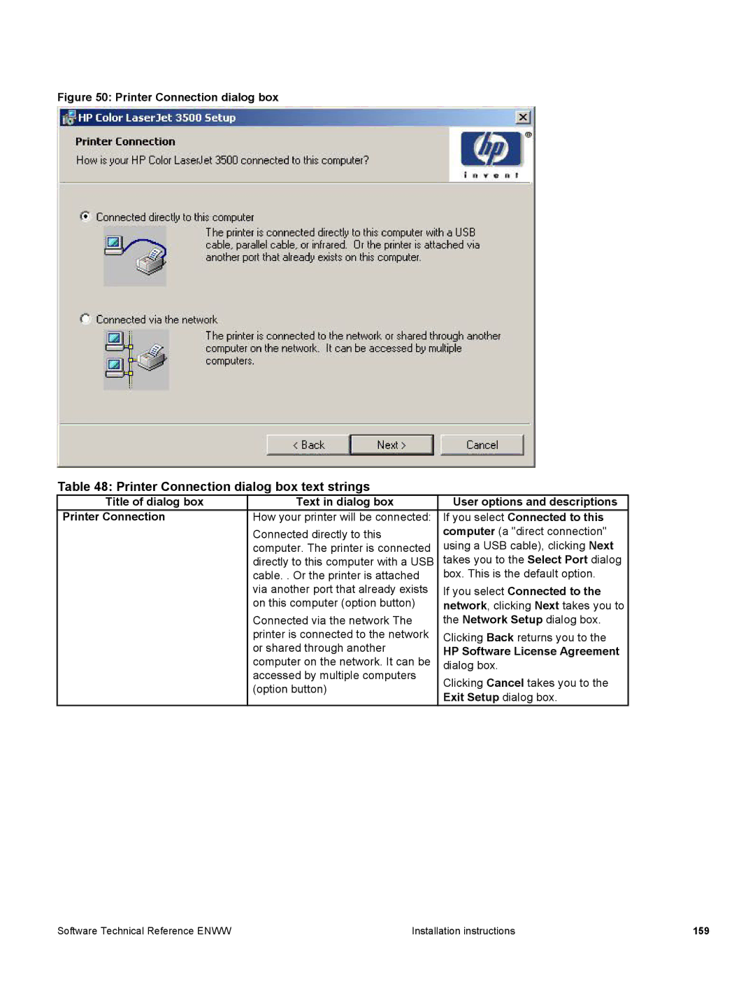 HP 3500 3500 manual Printer Connection dialog box text strings, Title of dialog box Text in dialog box Printer Connection 