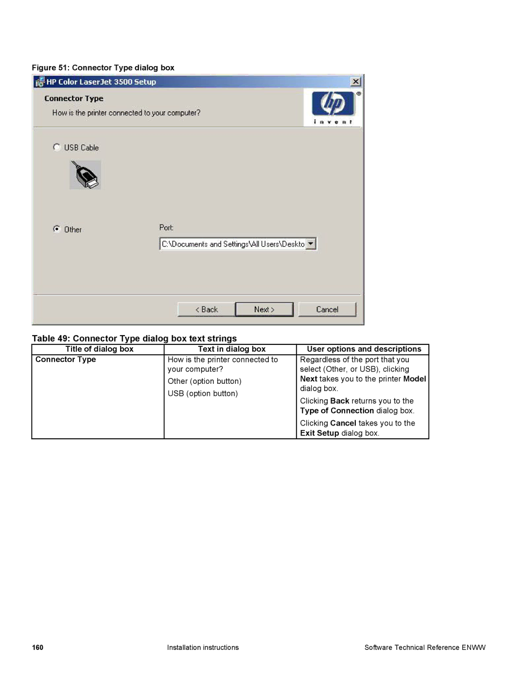 HP 3500 3500 Connector Type dialog box text strings, Title of dialog box Text in dialog box Connector Type, Your computer? 