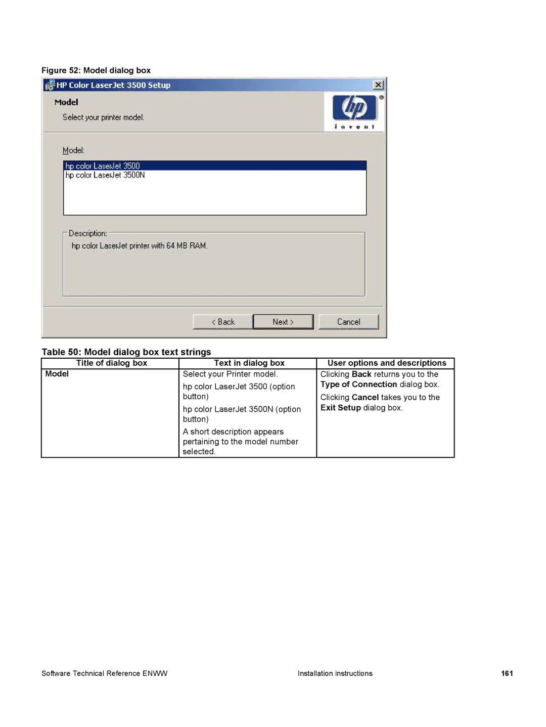 HP 3500 3500 manual Model dialog box text strings, Title of dialog box Text in dialog box Model 