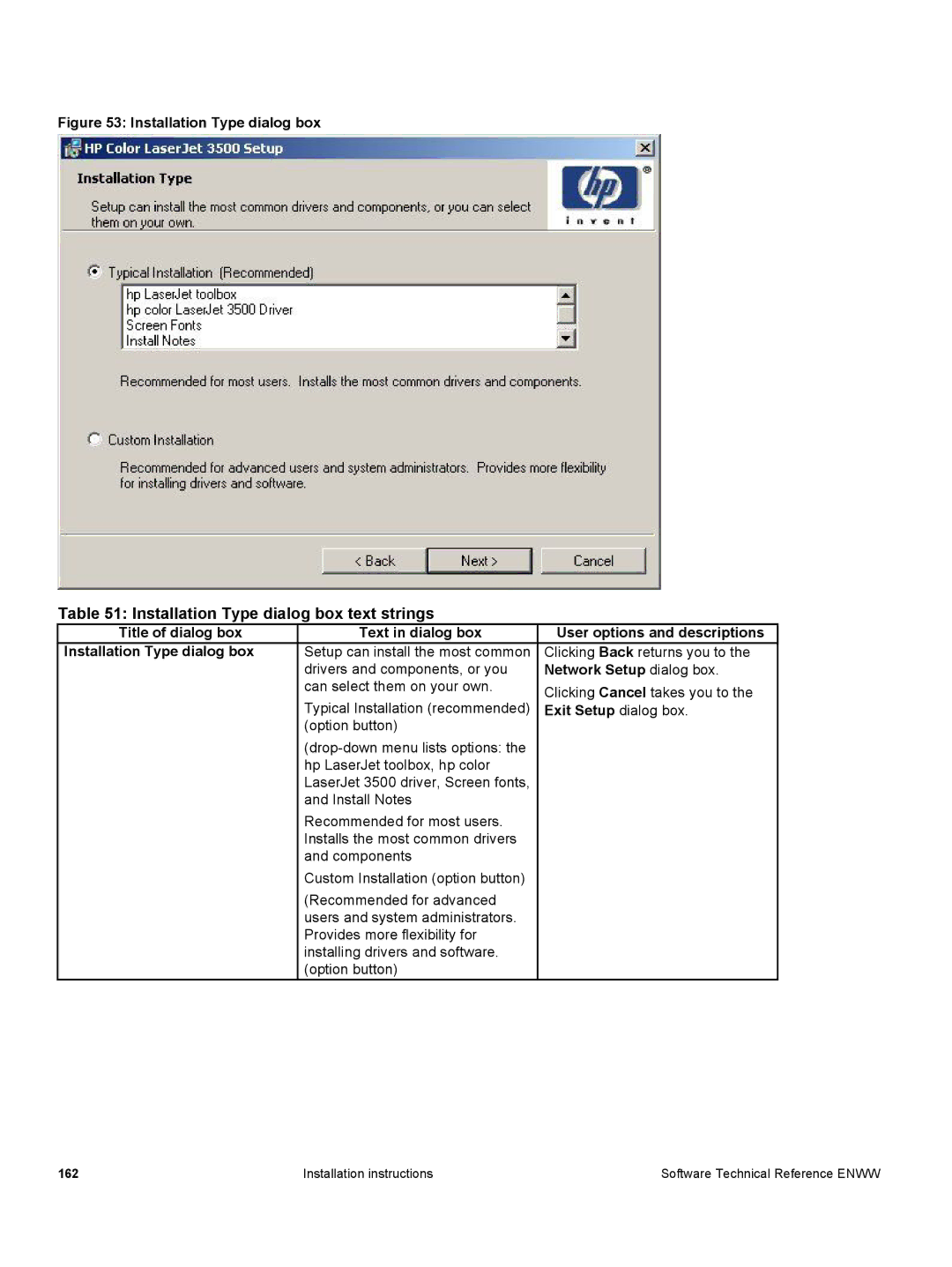 HP 3500 3500 manual Installation Type dialog box text strings 