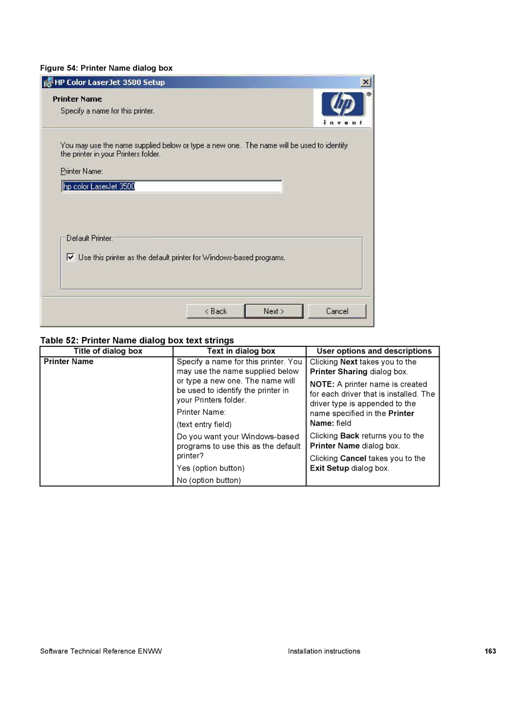 HP 3500 3500 manual Printer Name dialog box text strings, Title of dialog box Text in dialog box Printer Name 