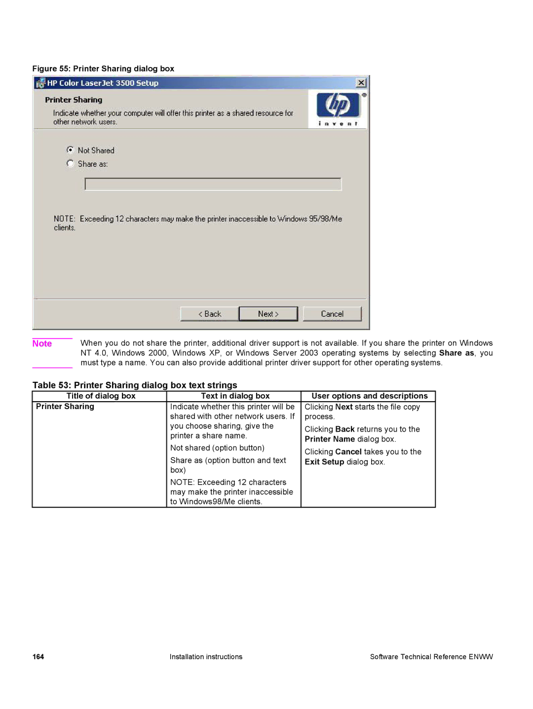 HP 3500 3500 manual Printer Sharing dialog box text strings, Title of dialog box Text in dialog box Printer Sharing 