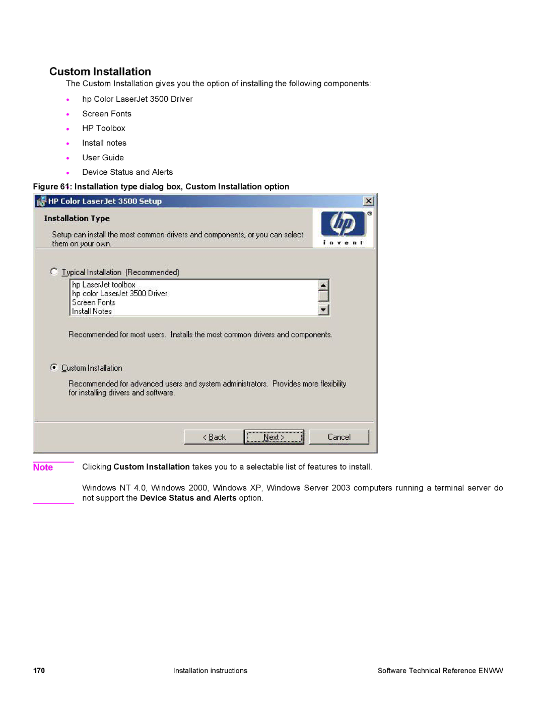 HP 3500 3500 manual Installation type dialog box, Custom Installation option 