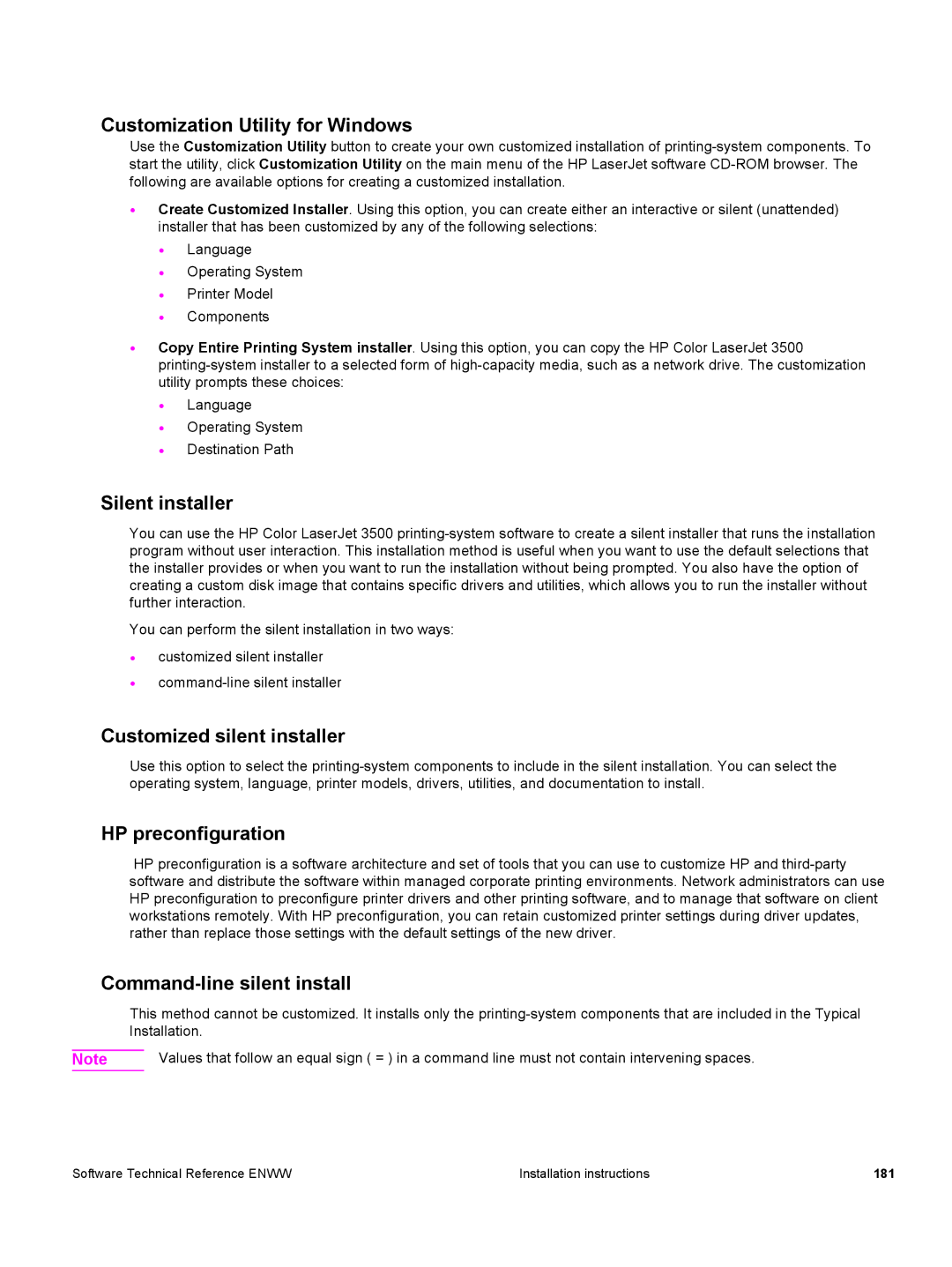 HP 3500 3500 manual Customization Utility for Windows, Silent installer, Customized silent installer, HP preconfiguration 