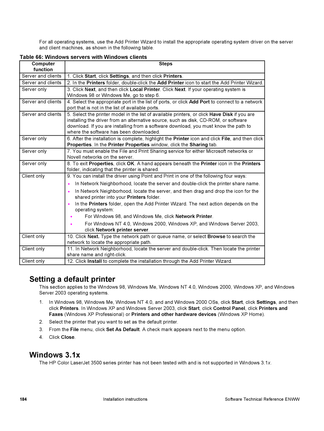 HP 3500 3500 manual Setting a default printer, Windows servers with Windows clients, Computer Steps Function 