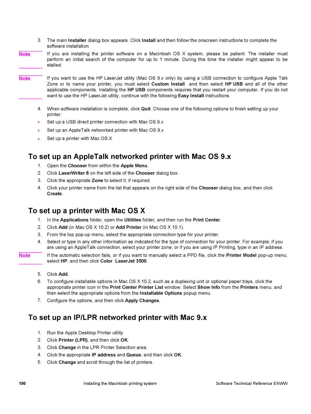 HP 3500 3500 manual To set up an AppleTalk networked printer with Mac OS, To set up a printer with Mac OS 