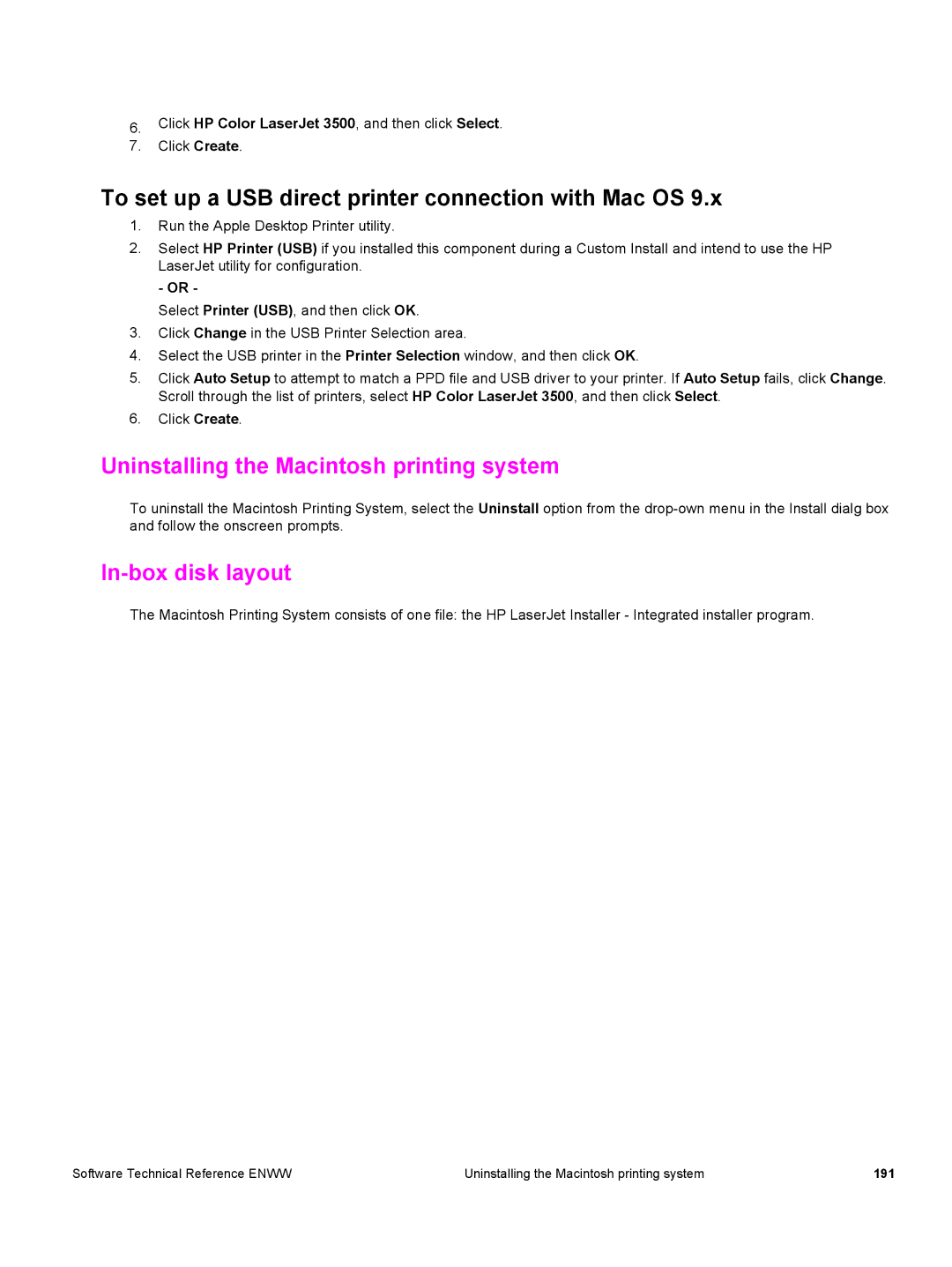 HP 3500 3500 manual To set up a USB direct printer connection with Mac OS, Uninstalling the Macintosh printing system 