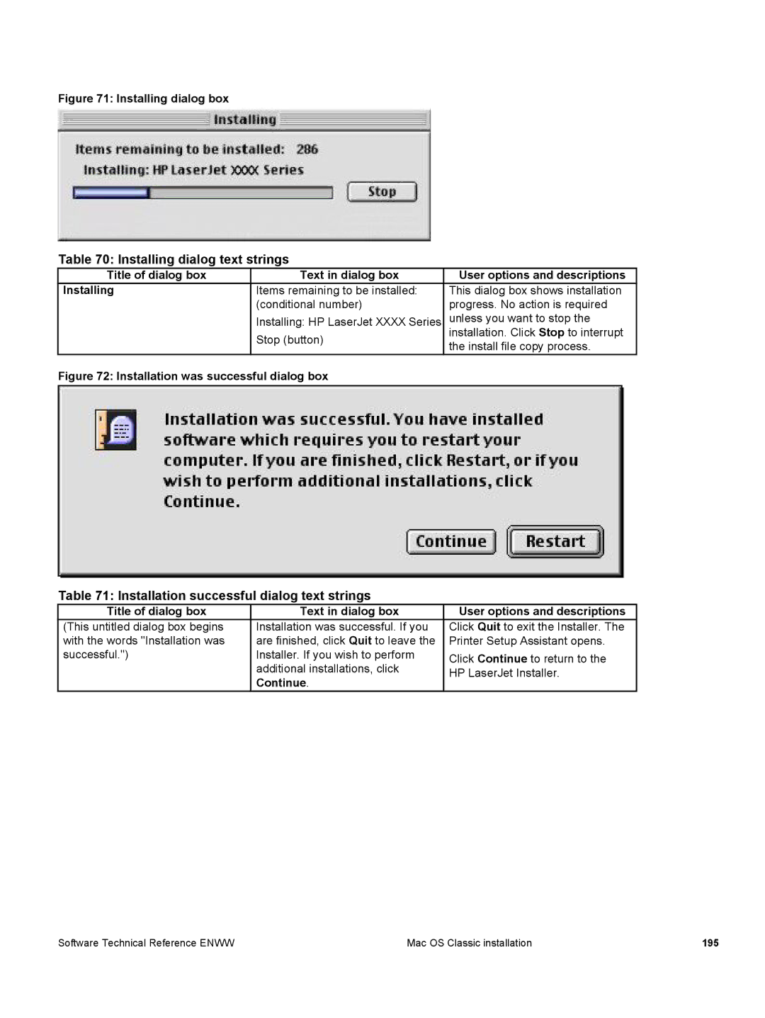 HP 3500 3500 manual Installing dialog text strings, Installation successful dialog text strings, Stop button, Continue 