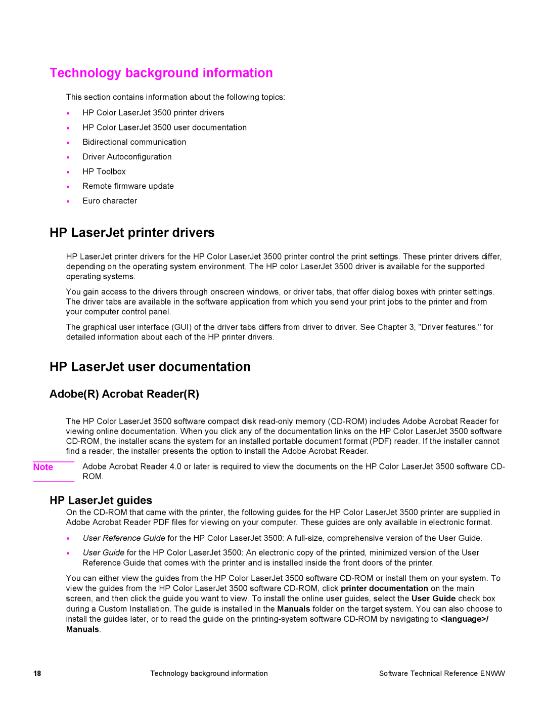 HP 3500 3500 manual Technology background information, HP LaserJet printer drivers, HP LaserJet user documentation 